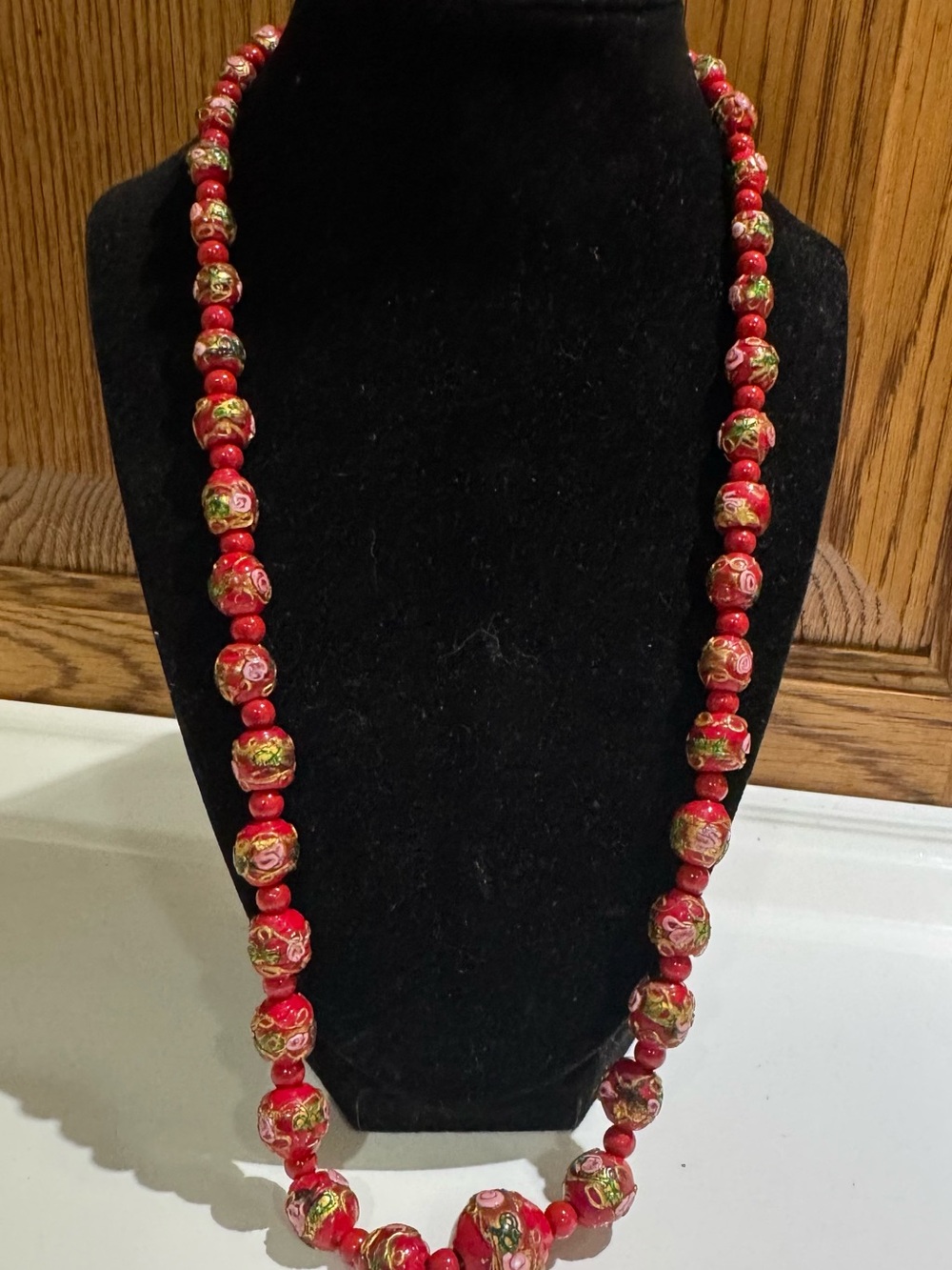 Vintage Venetian Red Moreno Glass Wedding Cake Beaded Necklace 14K Clasp